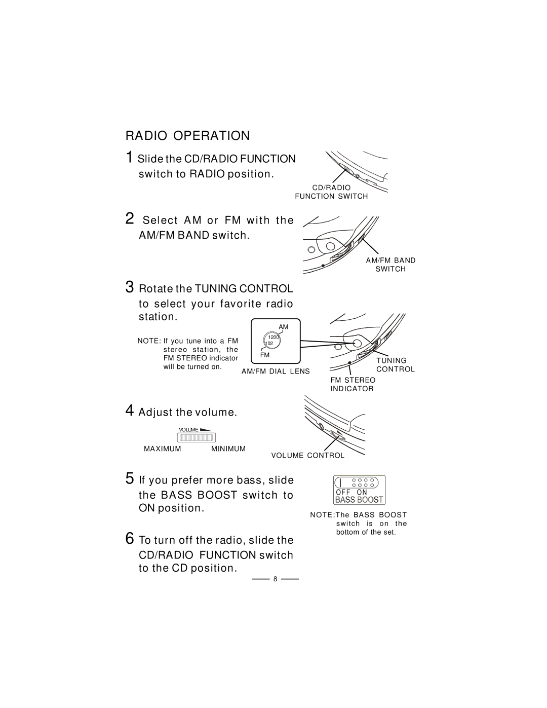 Lenoxx Electronics CD-61 operating instructions Radio Operation, Slide the CD/RADIO Function switch to Radio position 