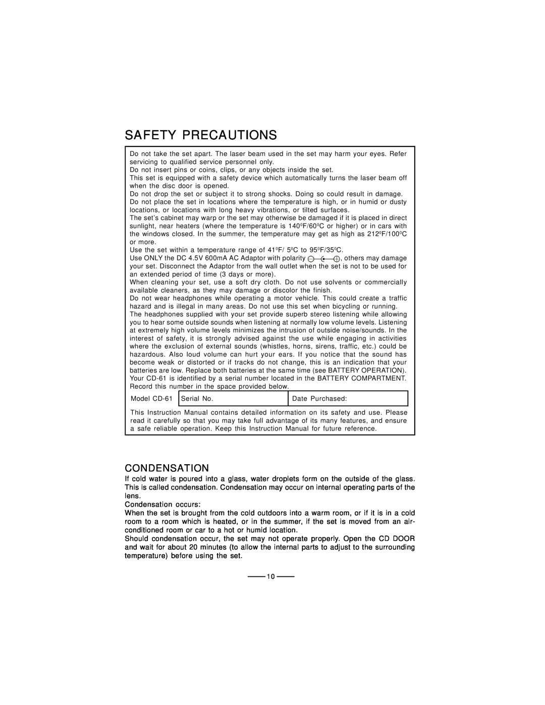 Lenoxx Electronics CD-61 operating instructions Safety Precautions, Condensation 