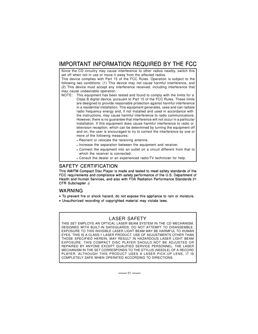 Lenoxx Electronics CD-61 Important Information Required By The Fcc, Safety Certification, Laser Safety 