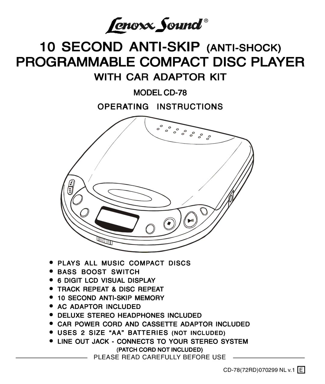 Lenoxx Electronics CD-78 operating instructions Second ANTI-SKIP ANTI-SHOCKPROGRAMMABLE Compact Disc Player 