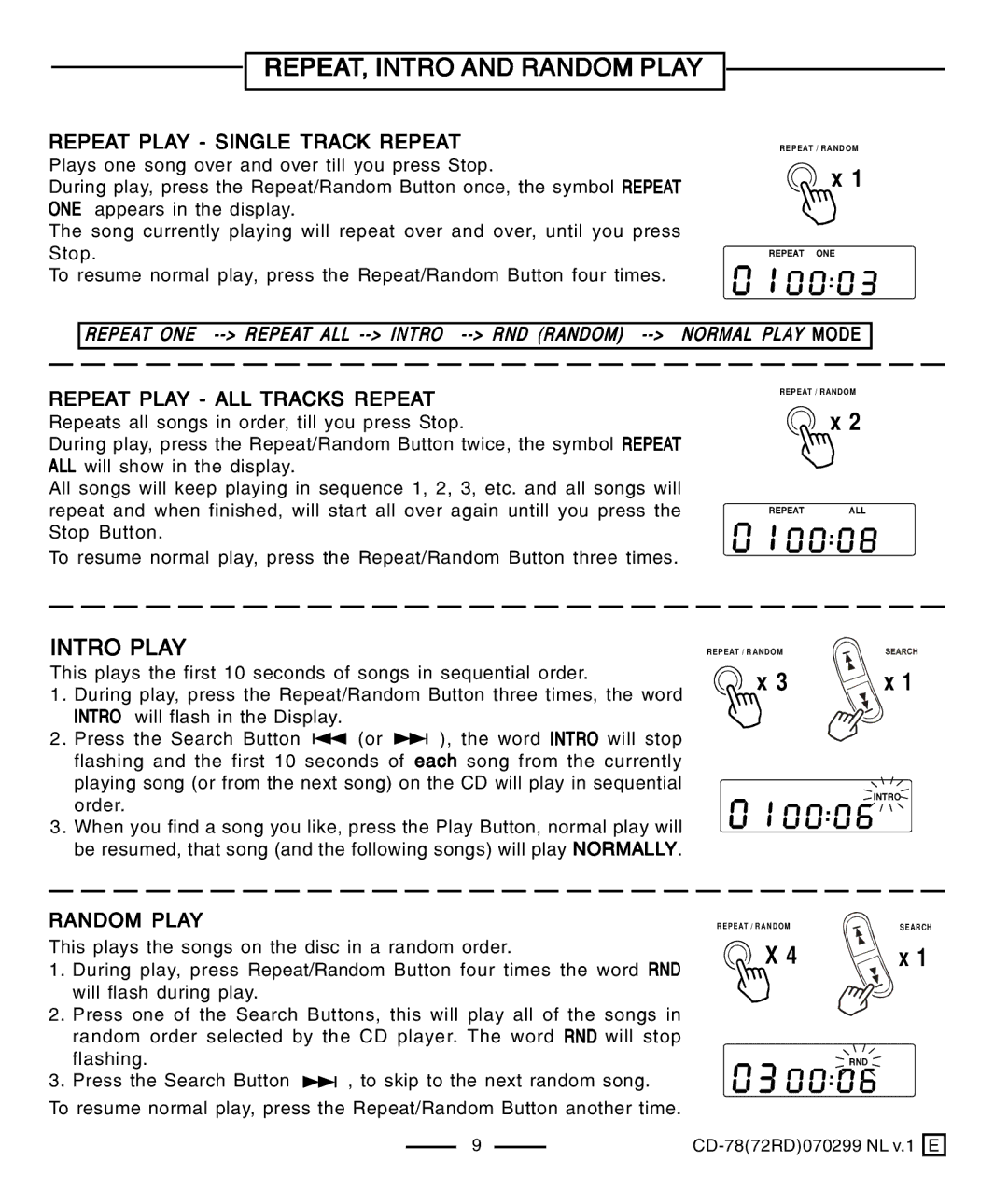 Lenoxx Electronics CD-78 operating instructions REPEAT, Intro and Random Play, Intro Play, Repeat Play ALL Tracks Repeat 