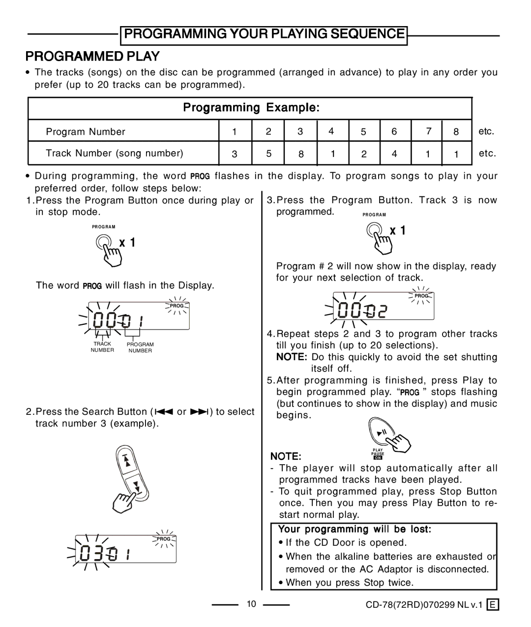 Lenoxx Electronics CD-78 operating instructions Programming Your Playing Sequence Programmed Play, Programming Example 