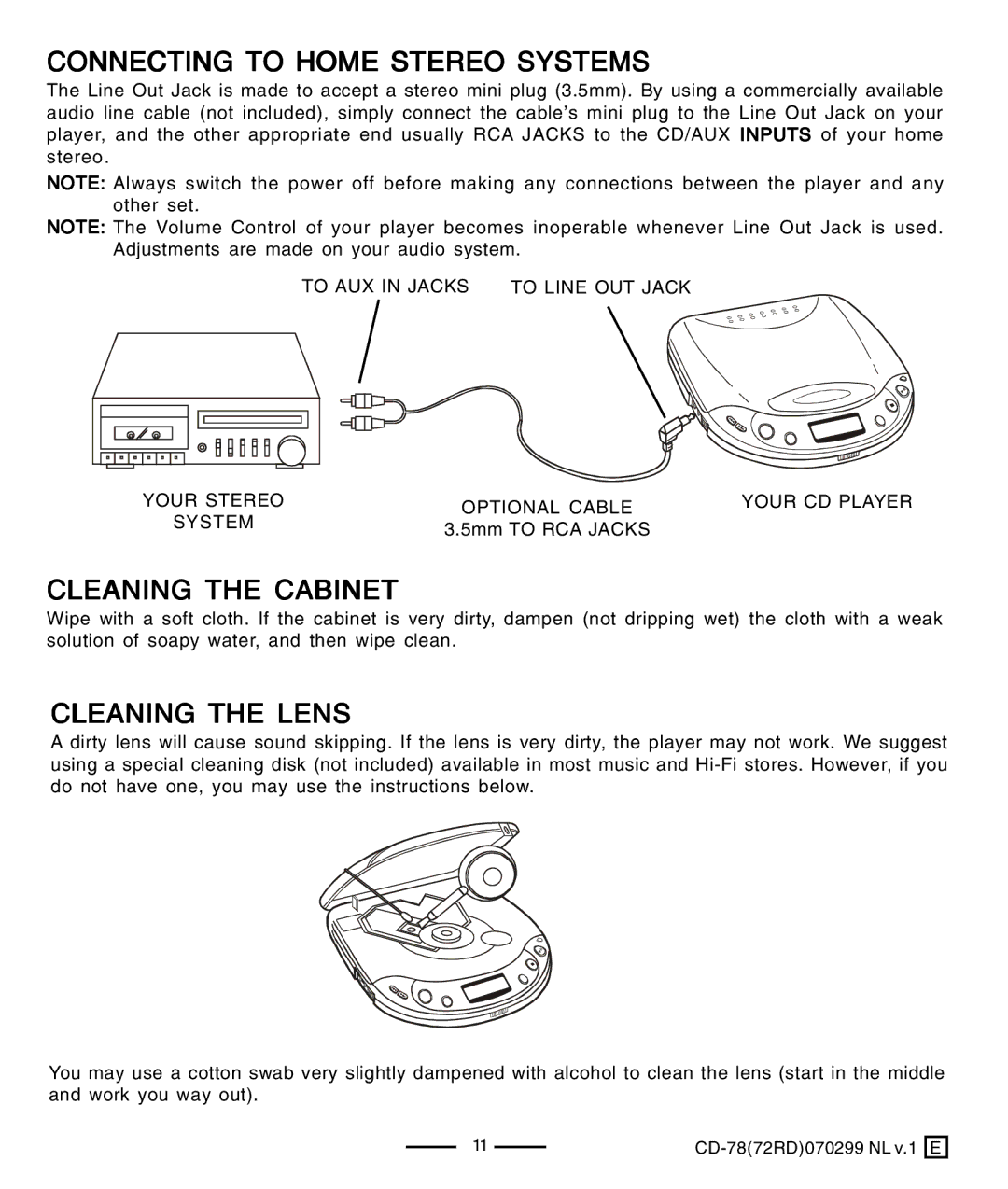 Lenoxx Electronics CD-78 operating instructions Connecting to Home Stereo Systems, Cleaning the Cabinet, Cleaning the Lens 