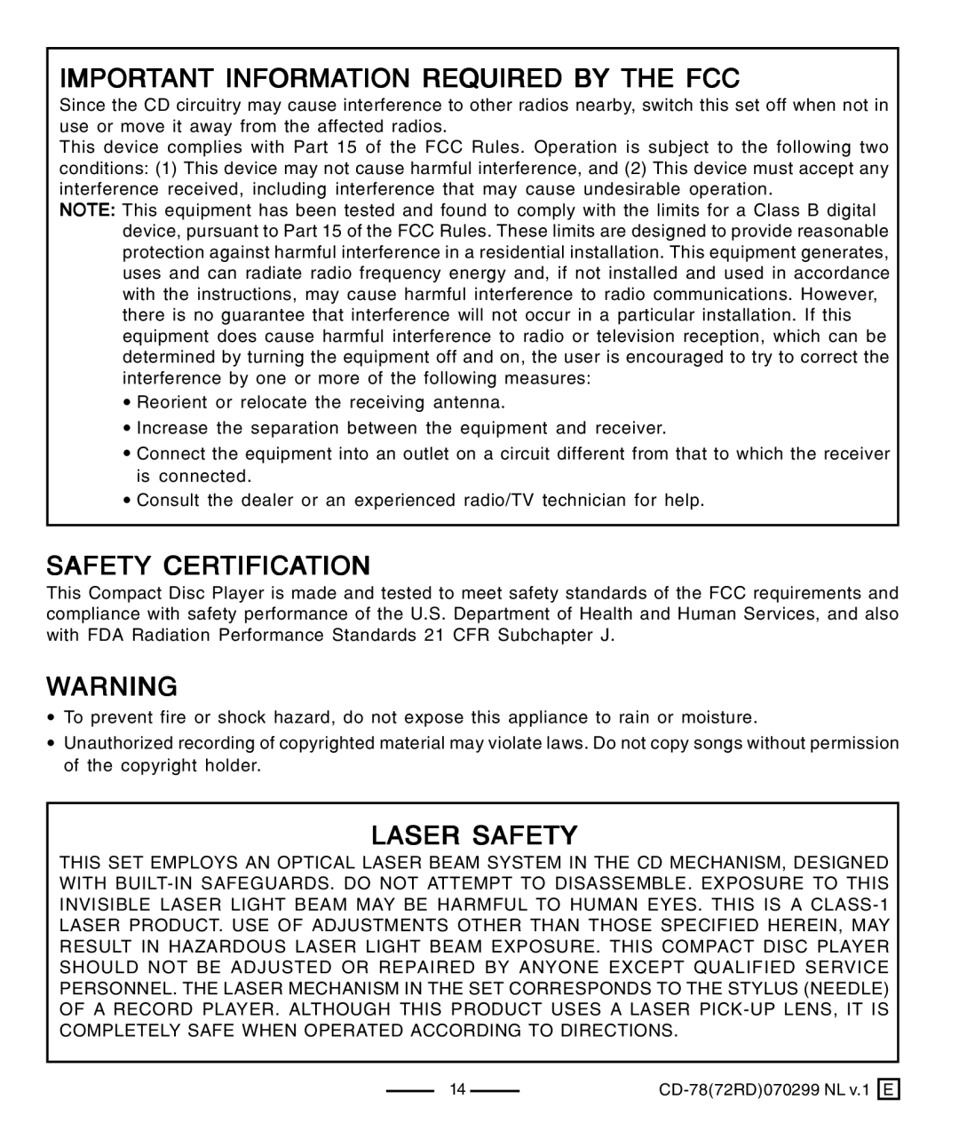 Lenoxx Electronics CD-78 Important Information Required by the FCC, Safety Certification, Laser Safety 