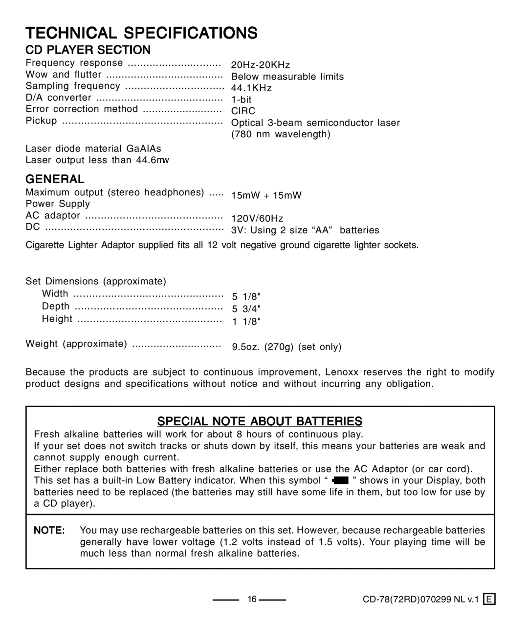 Lenoxx Electronics CD-78 operating instructions CD Player Section, General, Special Note about Batteries 