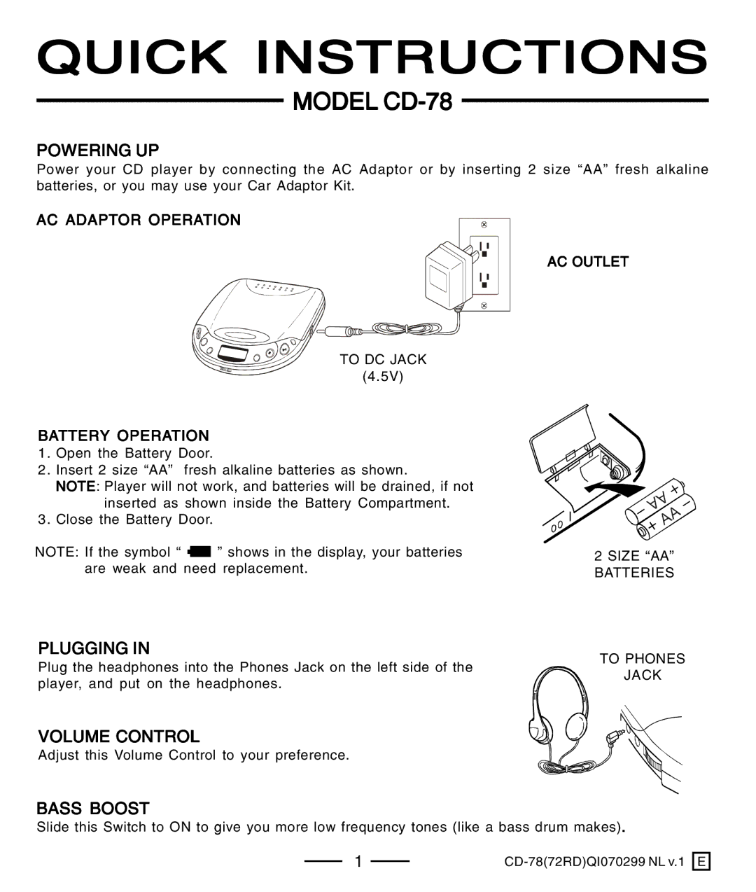 Lenoxx Electronics CD-78 operating instructions Powering UP, Plugging, Volume Control, Bass Boost 