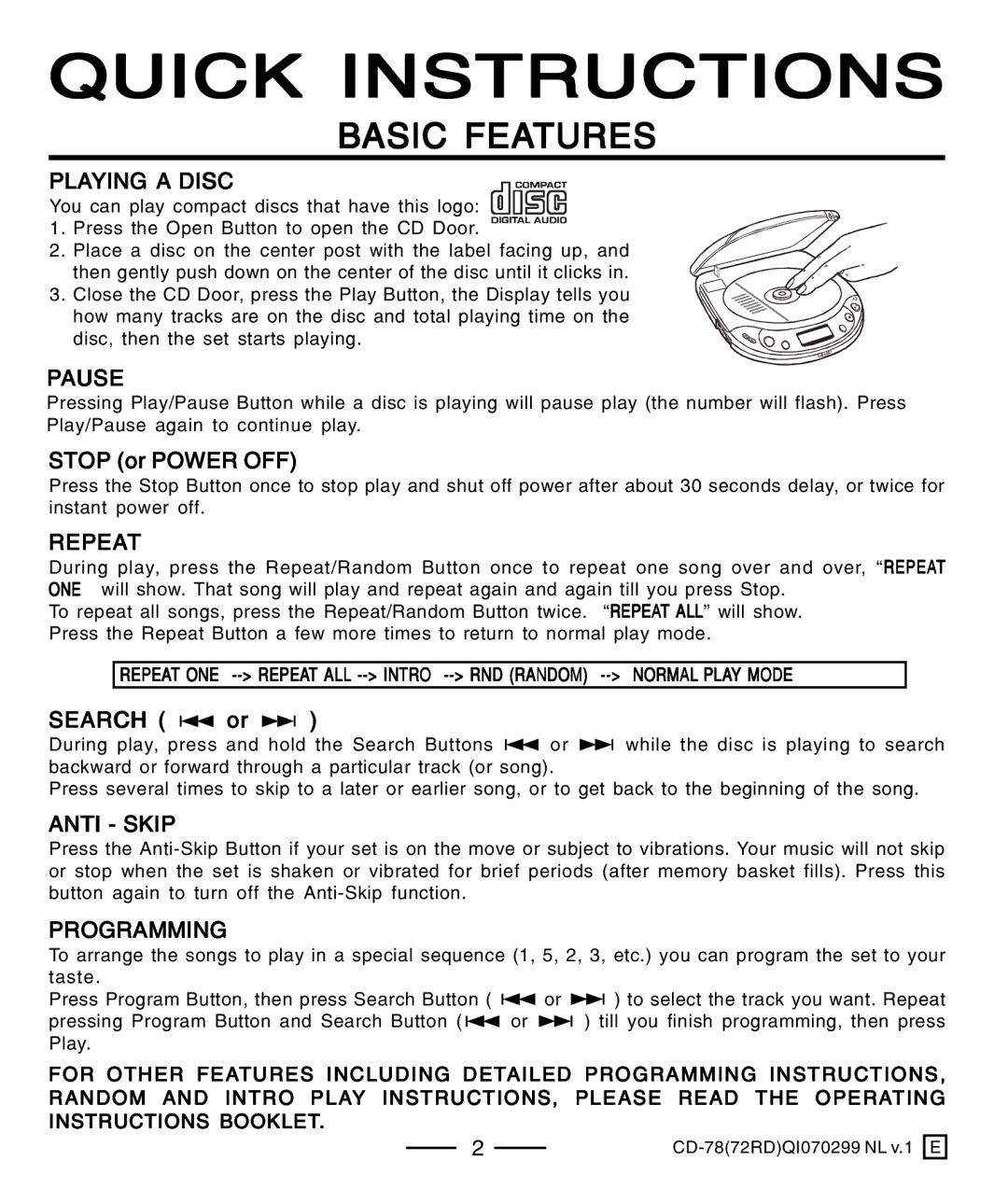 Lenoxx Electronics CD-78 operating instructions Playing a Disc, Pause, Repeat, Anti Skip, Programming 