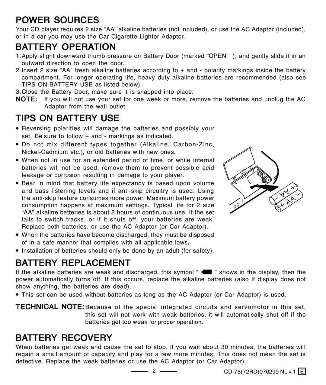 Lenoxx Electronics CD-78 Power Sources, Battery Operation, Tips on Battery USE, Battery Replacement, Battery Recovery 