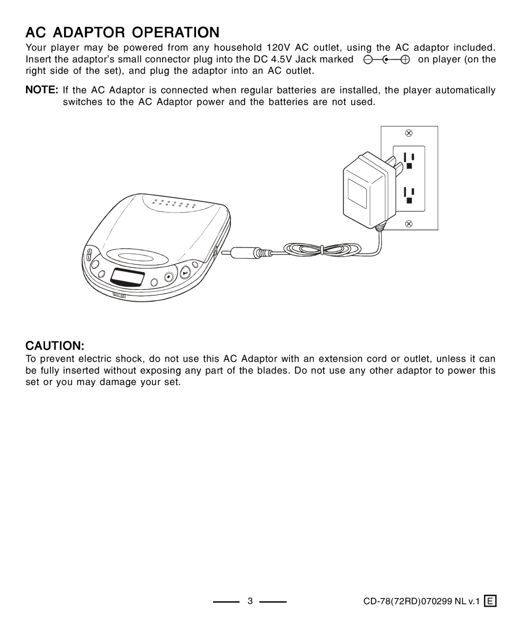 Lenoxx Electronics CD-78 operating instructions AC Adaptor Operation 