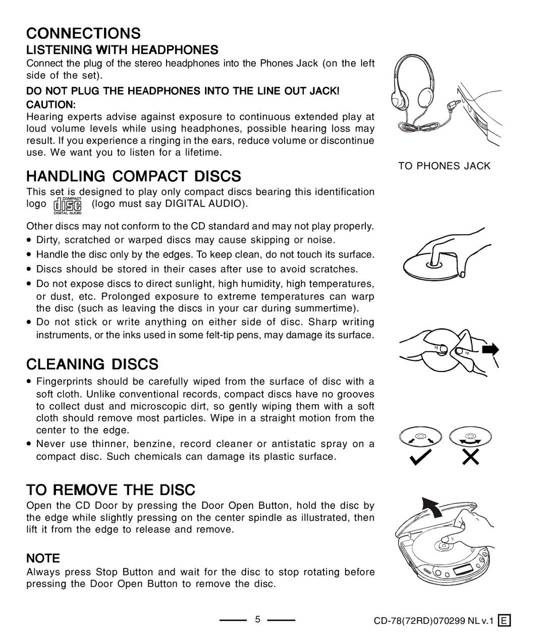 Lenoxx Electronics CD-78 operating instructions Connections, Handling Compact Discs, Cleaning Discs, To Remove the Disc 