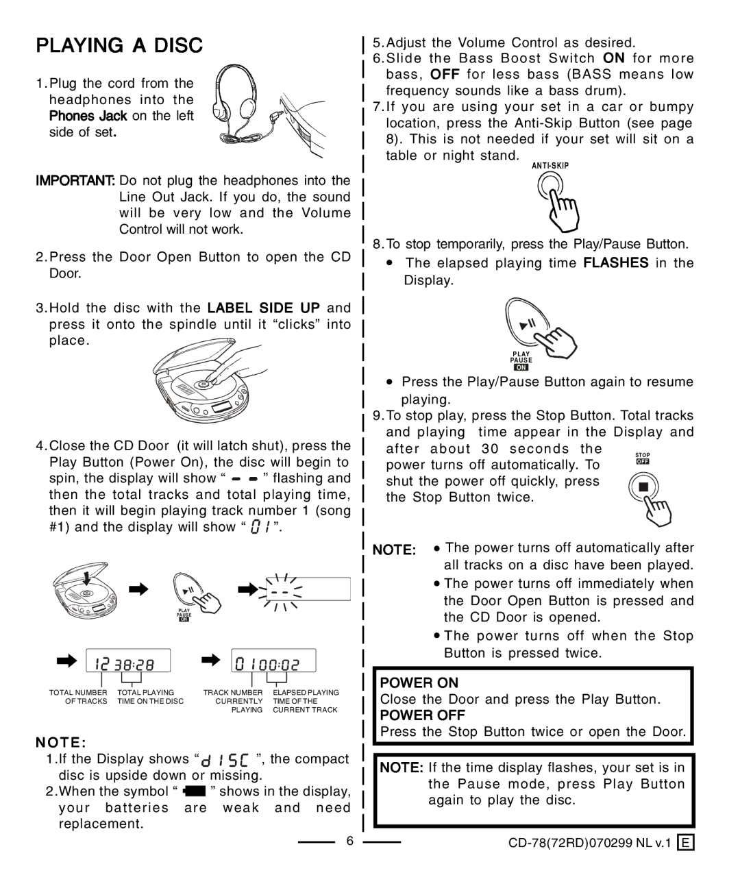 Lenoxx Electronics CD-78 operating instructions Playing a Disc, T E 