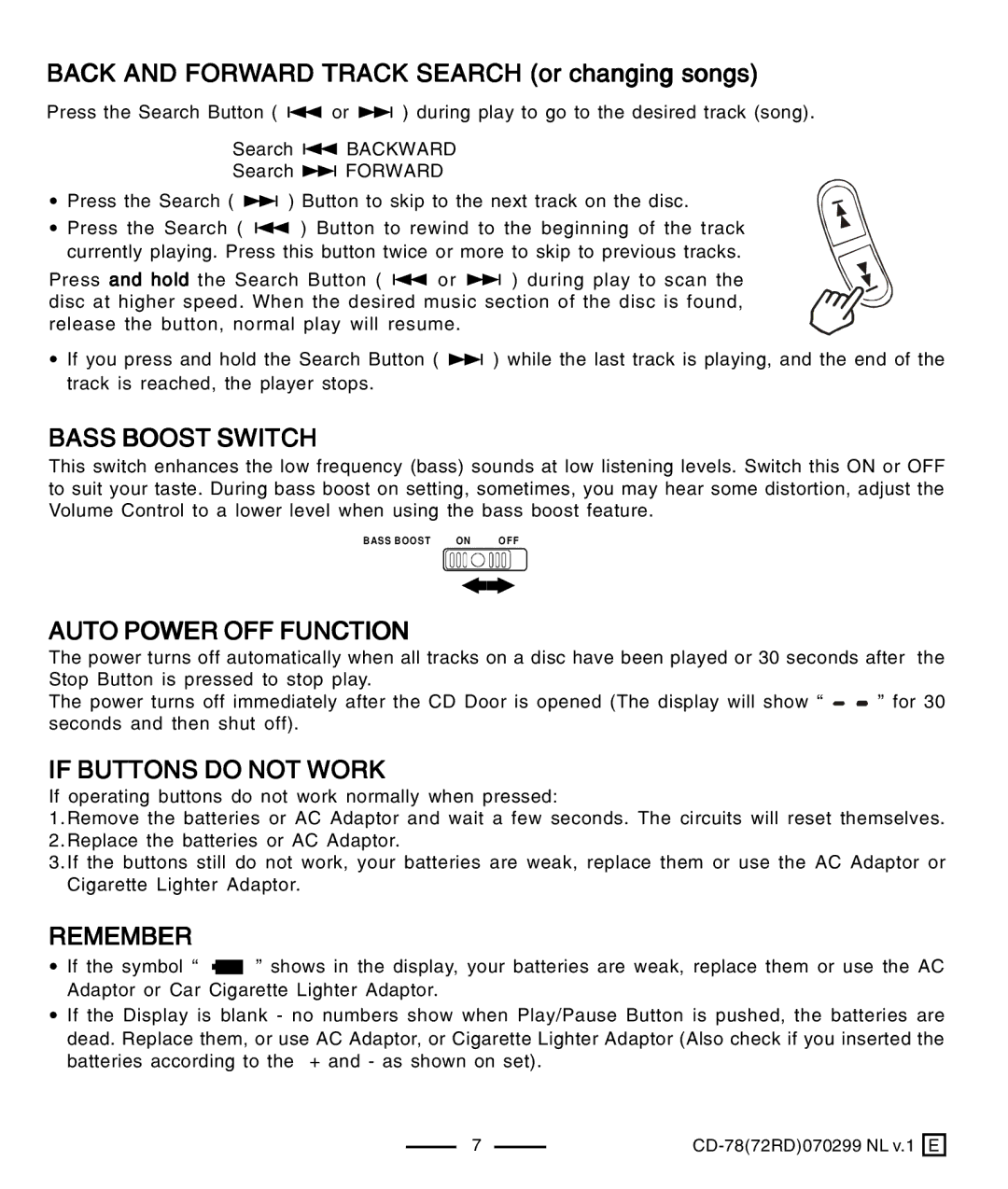 Lenoxx Electronics CD-78 Bass Boost Switch, Auto Power OFF Function, If Buttons do not Work, Remember 