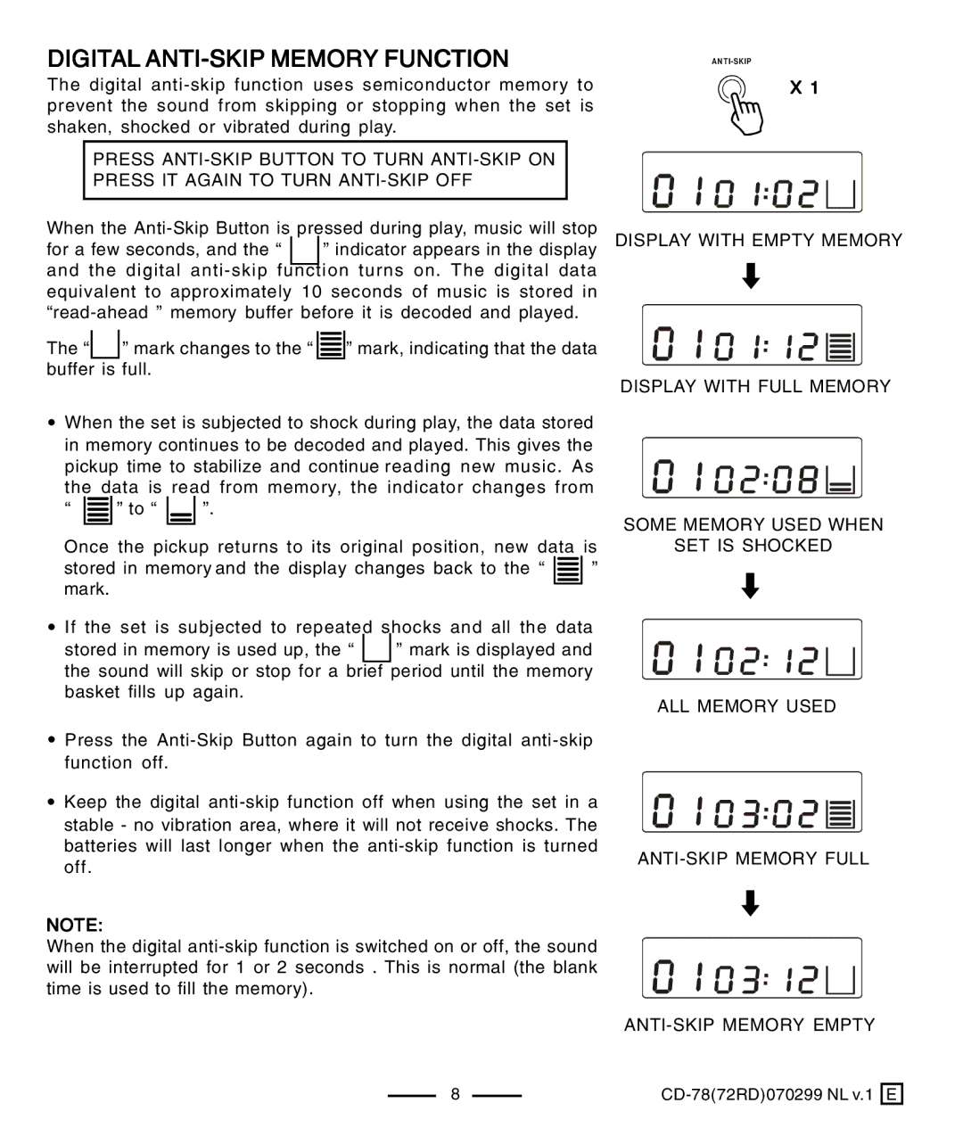 Lenoxx Electronics CD-78 operating instructions Digital ANTI-SKIP Memory Function 