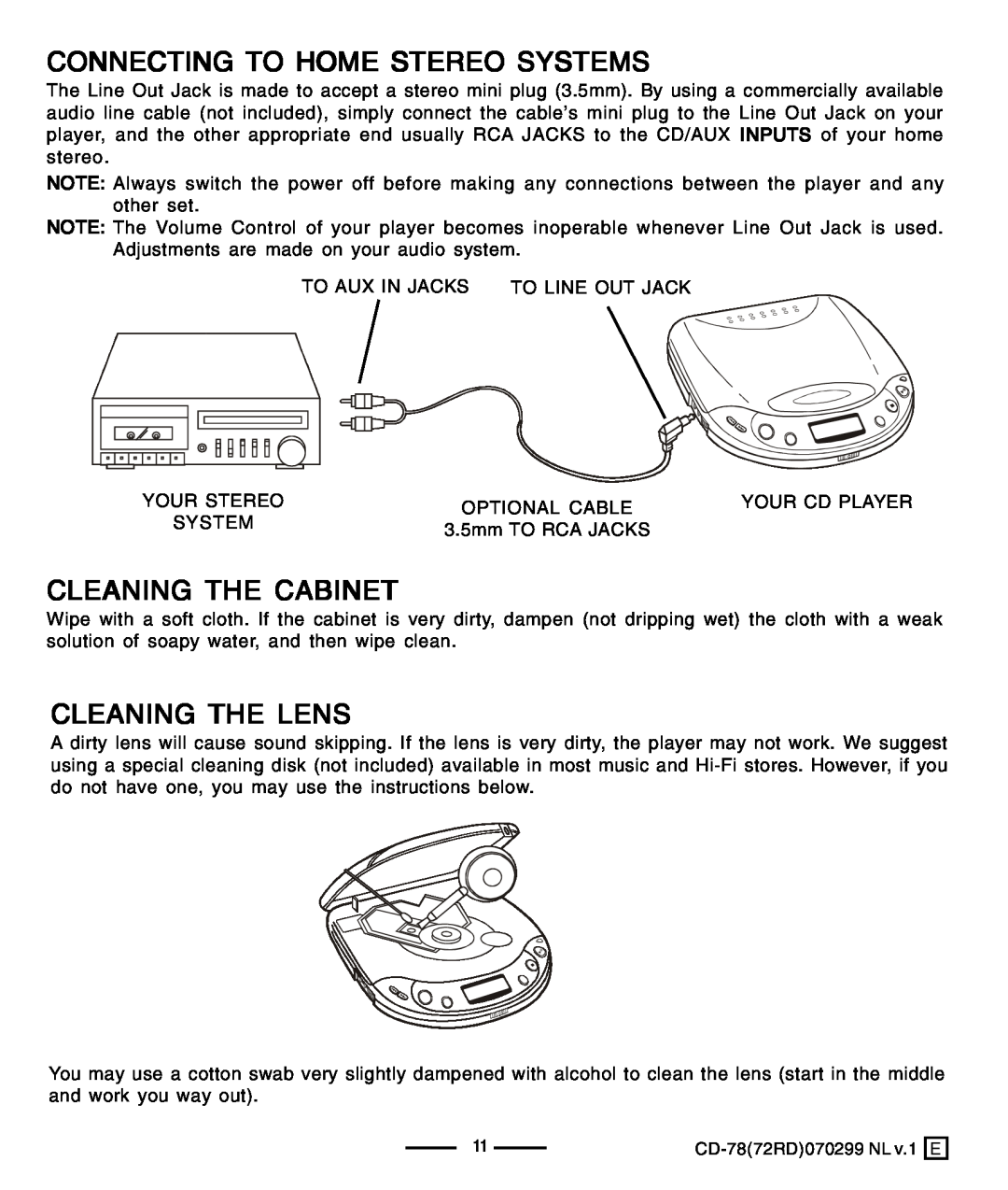 Lenoxx Electronics CD-78 operating instructions Connecting To Home Stereo Systems, Cleaning The Cabinet, Cleaning The Lens 