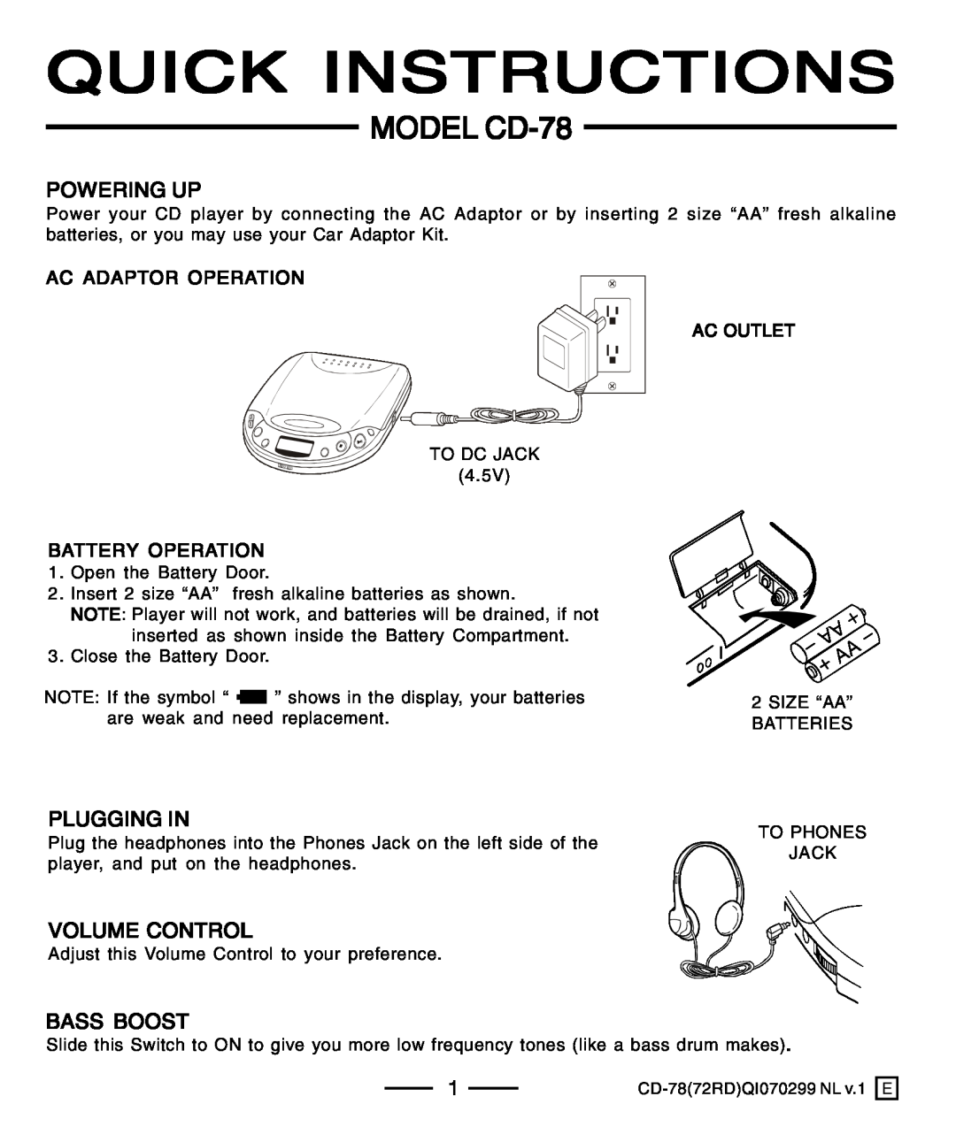 Lenoxx Electronics CD-78 Quick Instructions, Powering Up, Plugging In, Volume Control, Bass Boost, Ac Adaptor Operation 