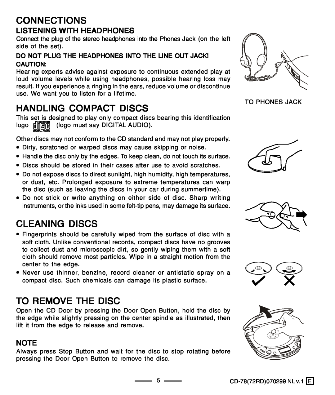 Lenoxx Electronics CD-78 operating instructions Connections, Handling Compact Discs, Cleaning Discs, To Remove The Disc 