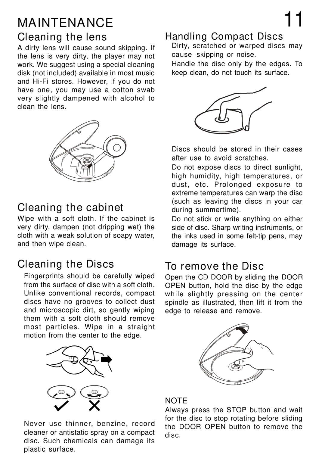 Lenoxx Electronics CD-79 Maintenance, Cleaning the lens, Cleaning the cabinet, Cleaning the Discs, To remove the Disc 