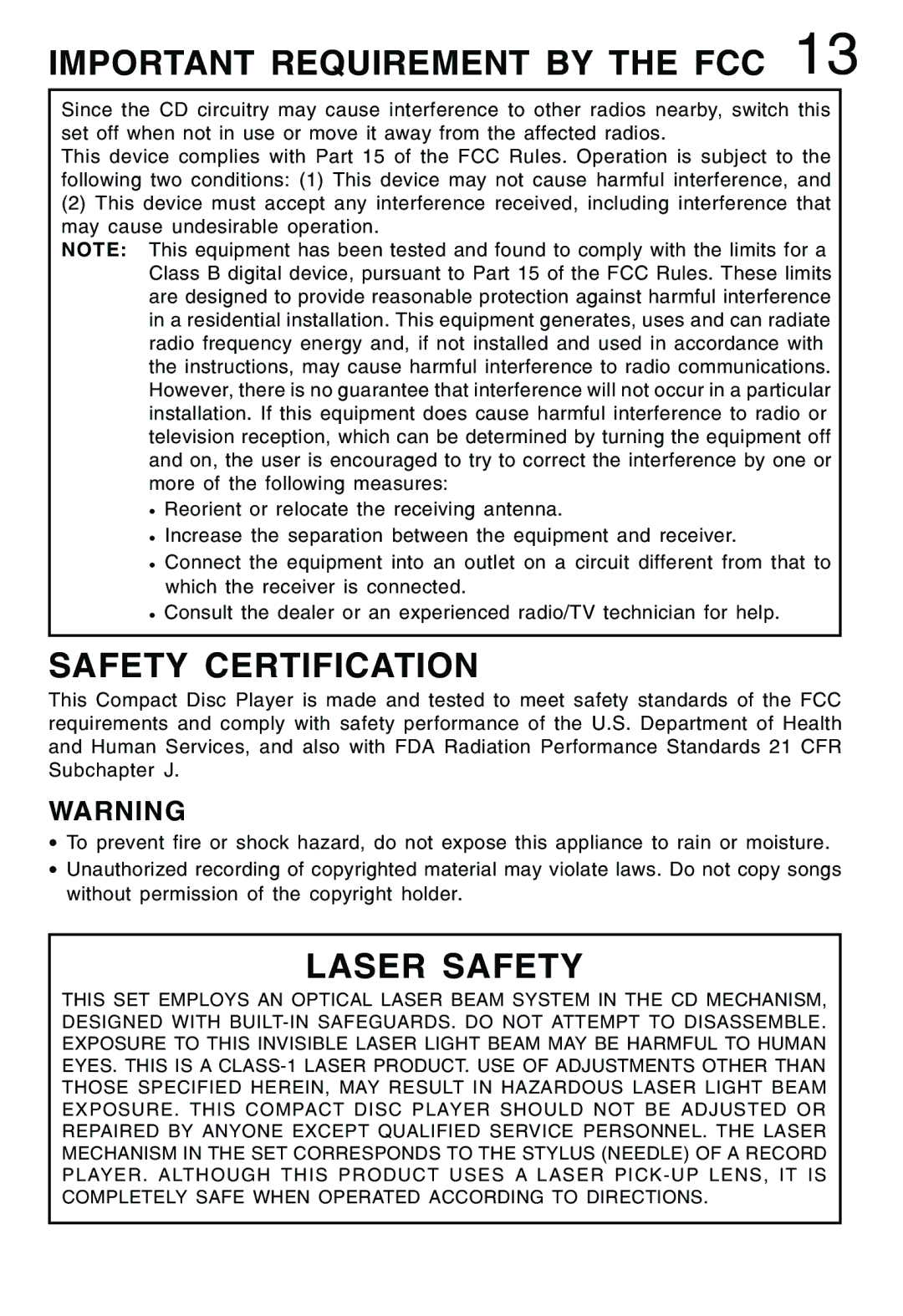 Lenoxx Electronics CD-79 operating instructions Important Requirement by the FCC, Safety Certification, Laser Safety 