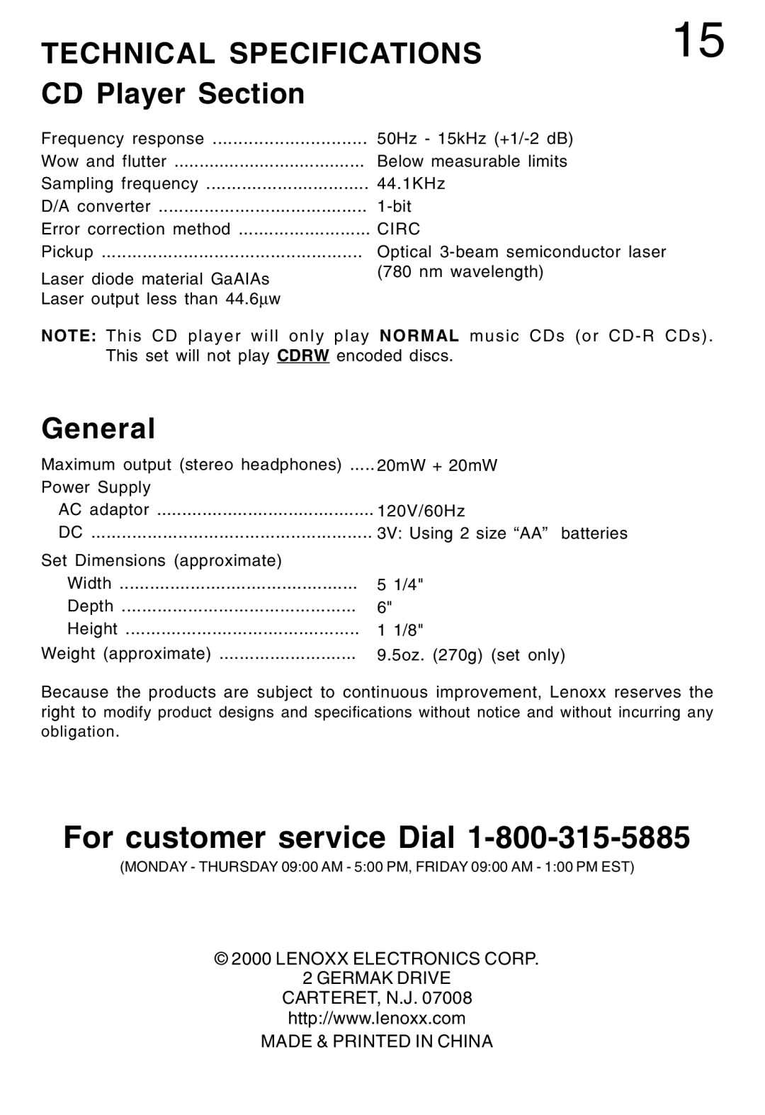 Lenoxx Electronics CD-79 operating instructions Technical Specifications, CD Player Section, General 