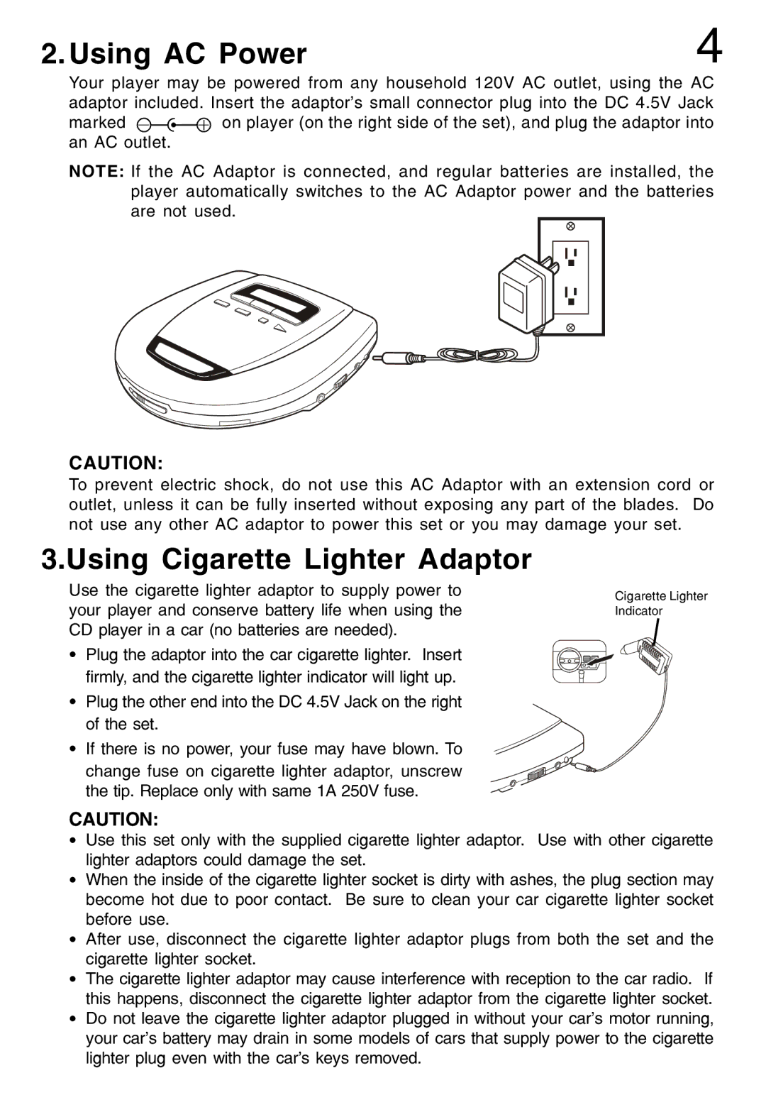 Lenoxx Electronics CD-79 operating instructions Using AC Power, Using Cigarette Lighter Adaptor 