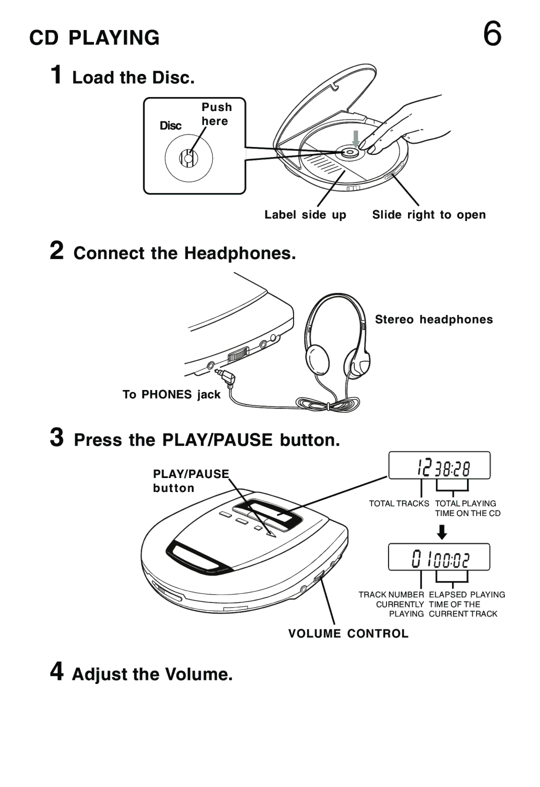 Lenoxx Electronics CD-79 CD Playing, Load the Disc, Connect the Headphones, Press the PLAY/PAUSE button, Adjust the Volume 