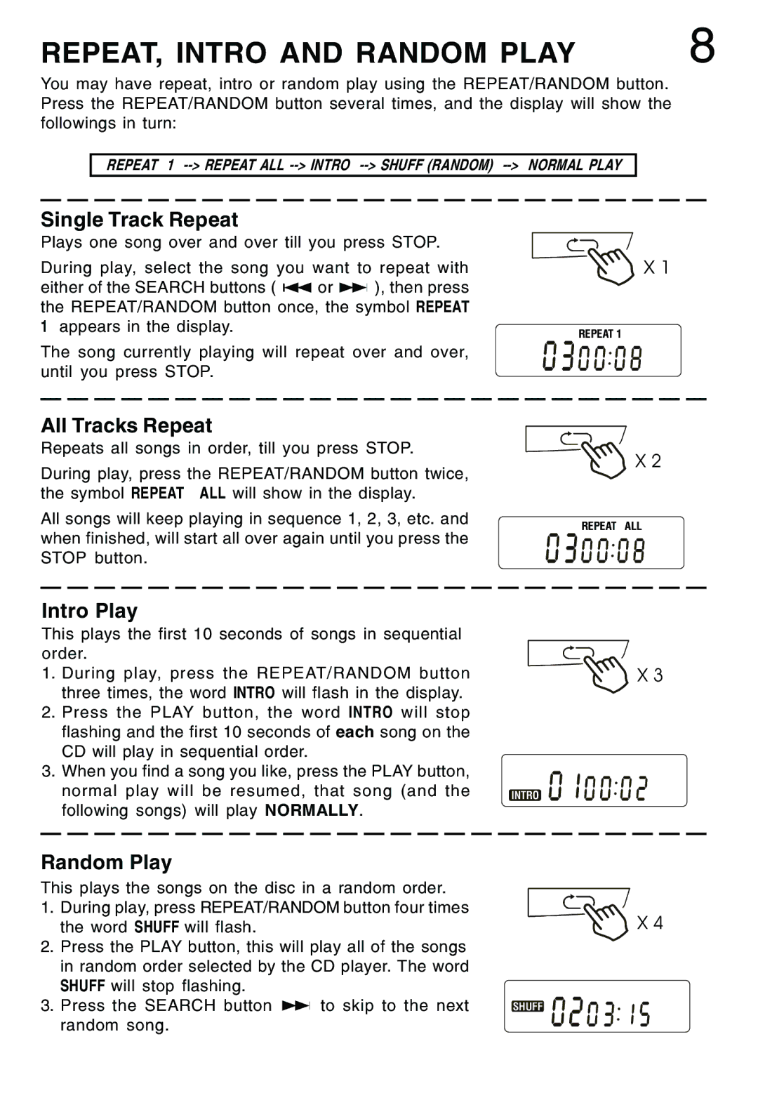 Lenoxx Electronics CD-79 operating instructions REPEAT, Intro and Random Play, Single Track Repeat 