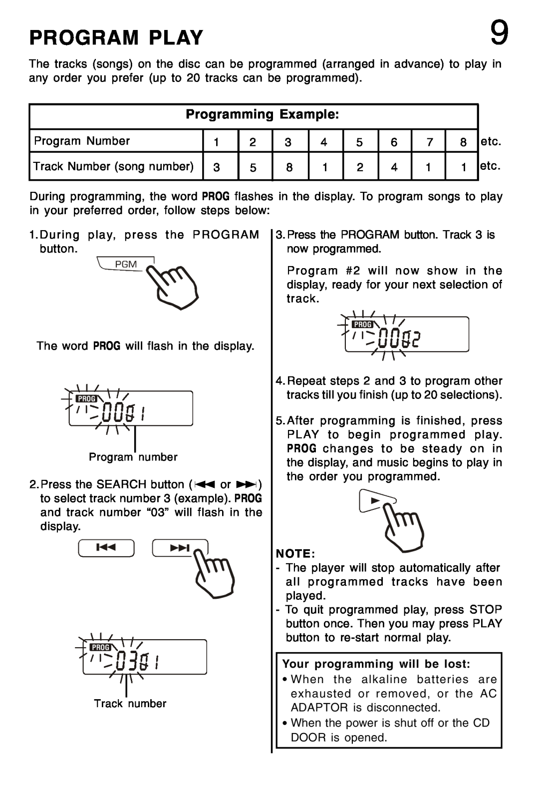 Lenoxx Electronics CD-79 operating instructions Program Play, Programming Example 