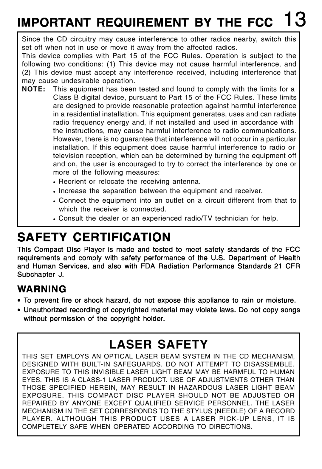 Lenoxx Electronics CD-79 operating instructions Important Requirement By The Fcc, Safety Certification, Laser Safety 