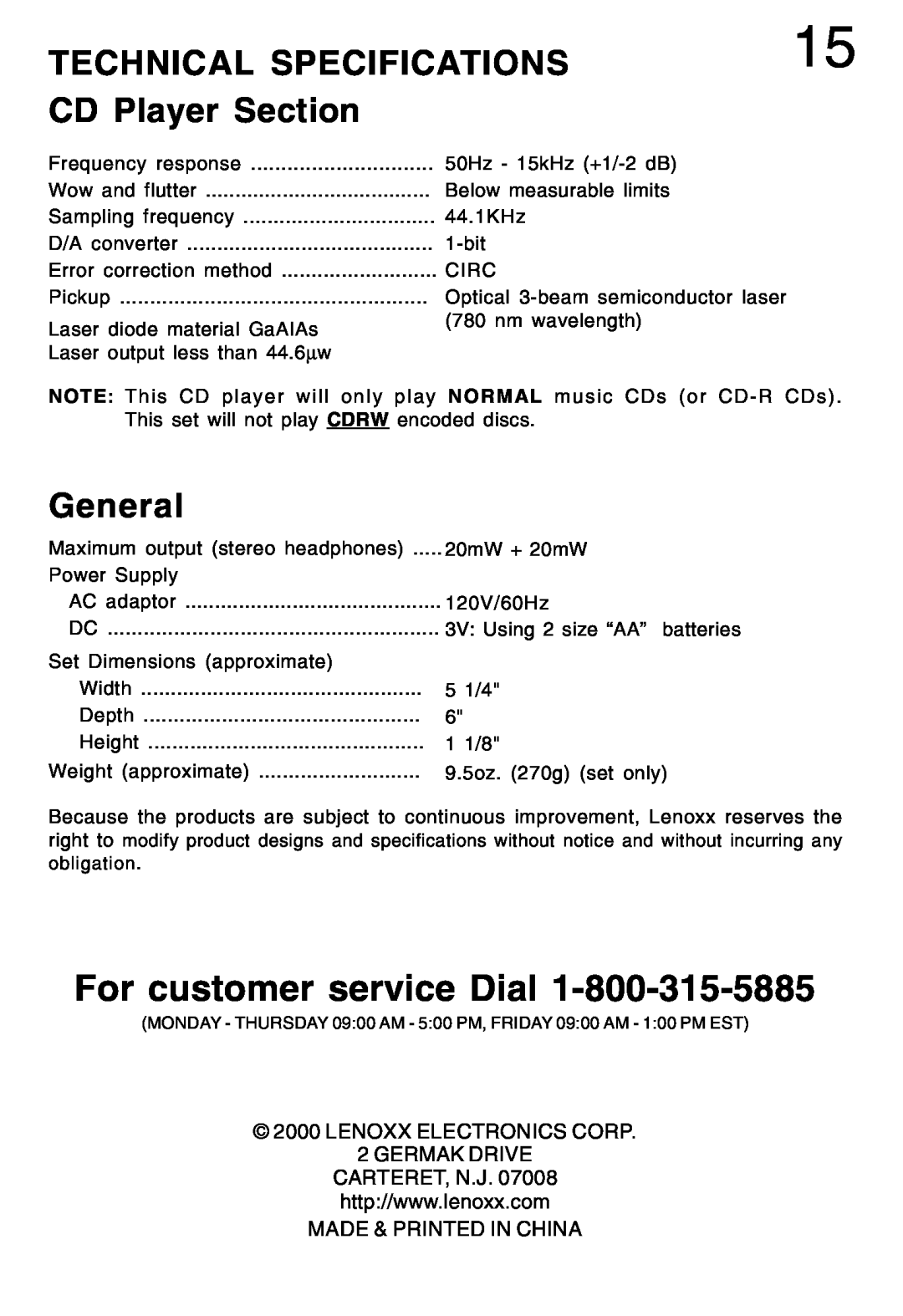 Lenoxx Electronics CD-79 Technical Specifications, CD Player Section, General, For customer service Dial 