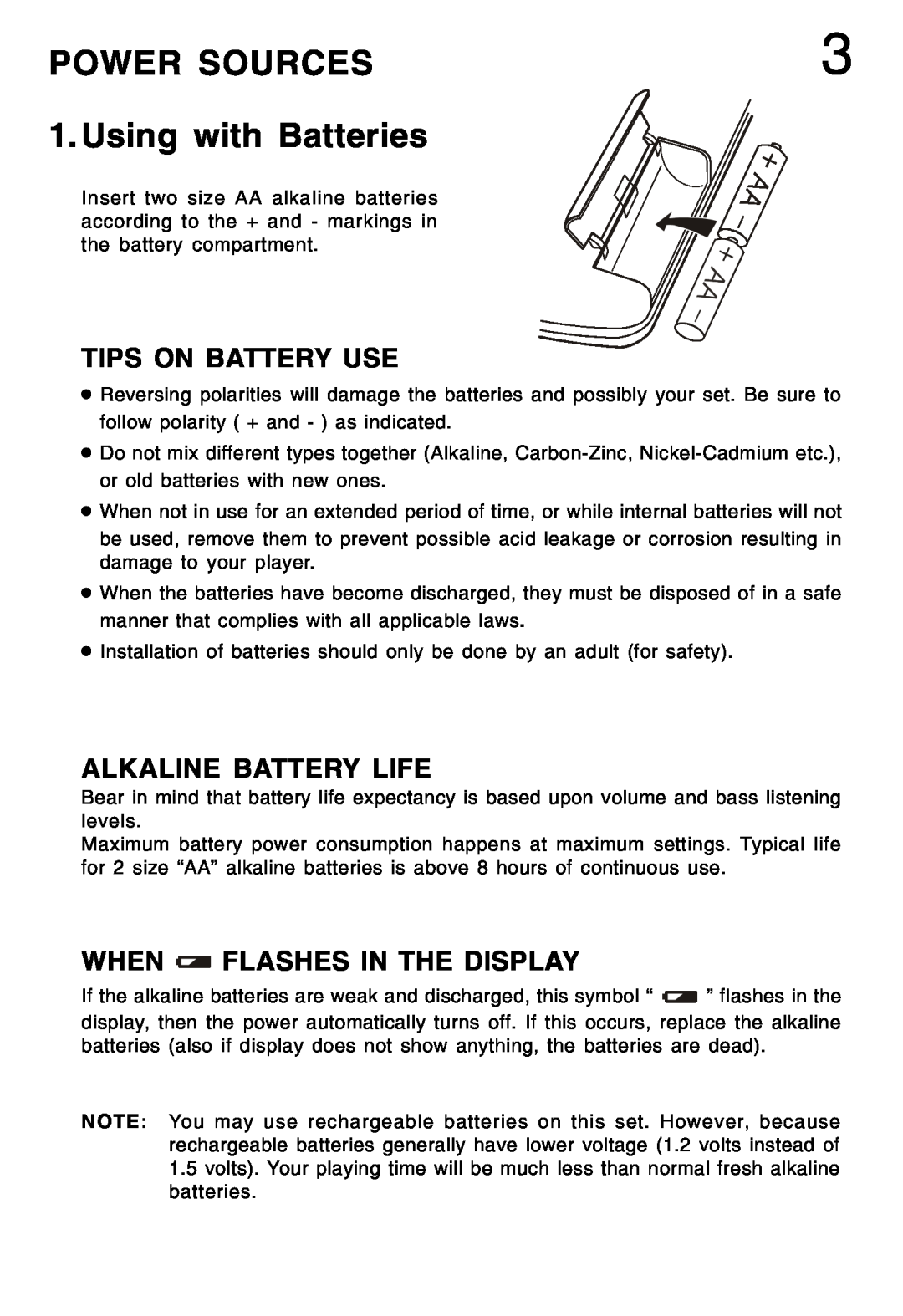 Lenoxx Electronics CD-79 Power Sources, Using with Batteries, Tips On Battery Use, Alkaline Battery Life 
