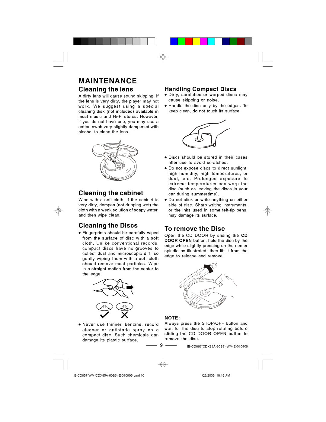 Lenoxx Electronics CD-857 Maintenance, Cleaning the lens, Cleaning the cabinet, Cleaning the Discs, To remove the Disc 