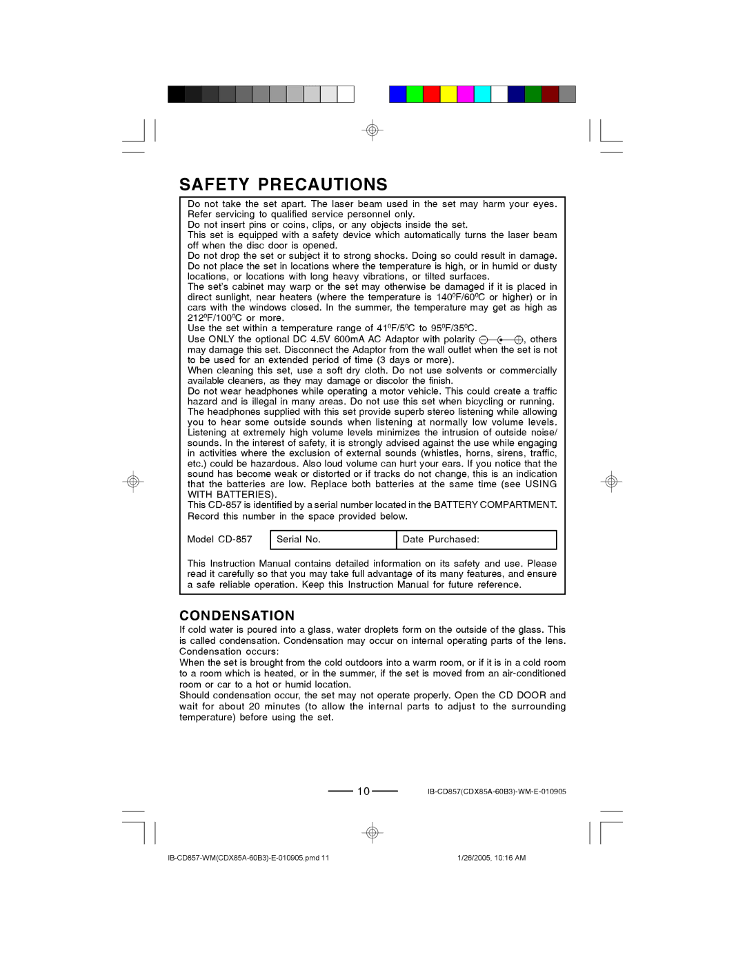 Lenoxx Electronics CD-857 manual Safety Precautions, Condensation 