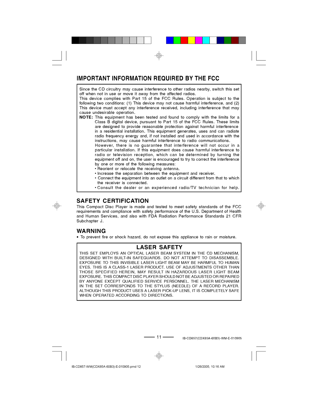 Lenoxx Electronics CD-857 manual Important Information Required by the FCC, Safety Certification, Laser Safety 