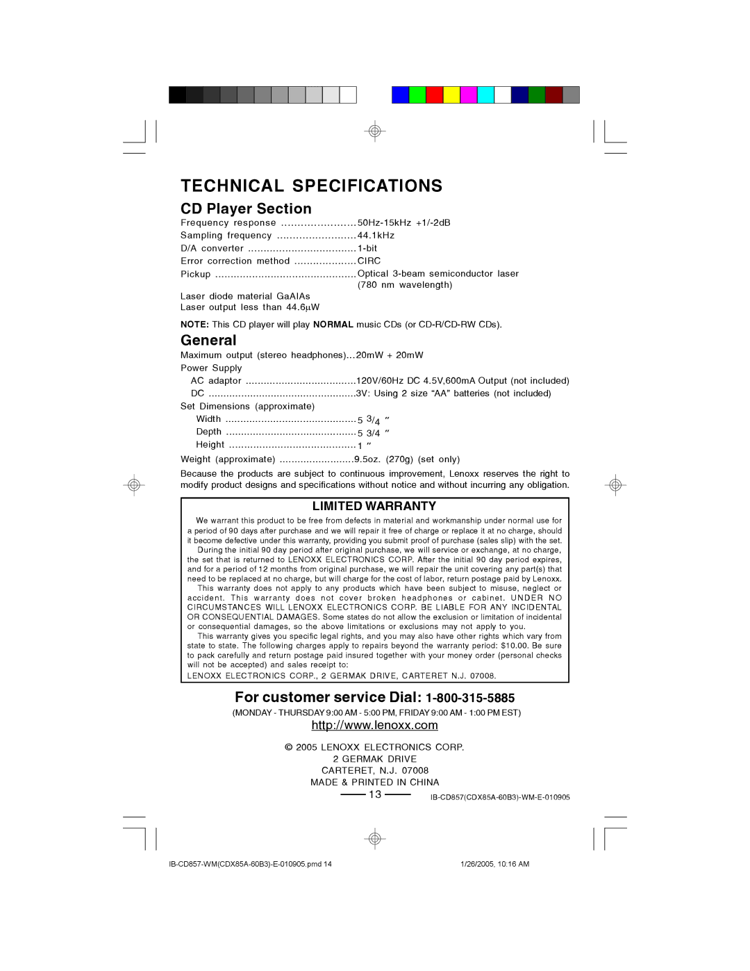 Lenoxx Electronics CD-857 manual Technical Specifications, CD Player Section, General, For customer service Dial 