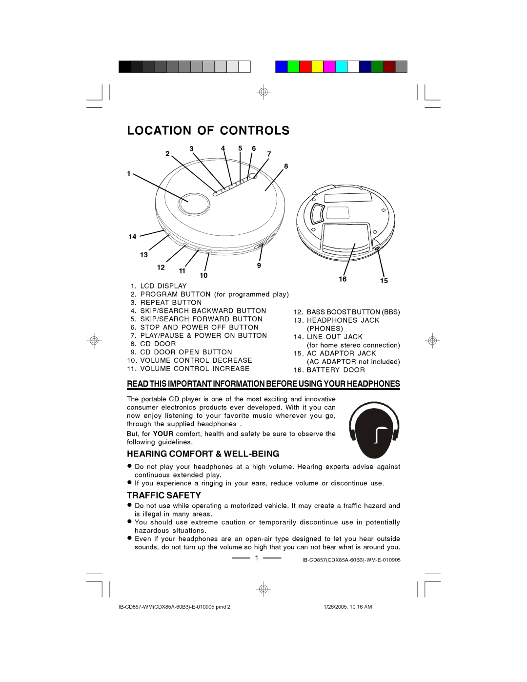 Lenoxx Electronics CD-857 manual Location of Controls, Hearing Comfort & WELL-BEING 