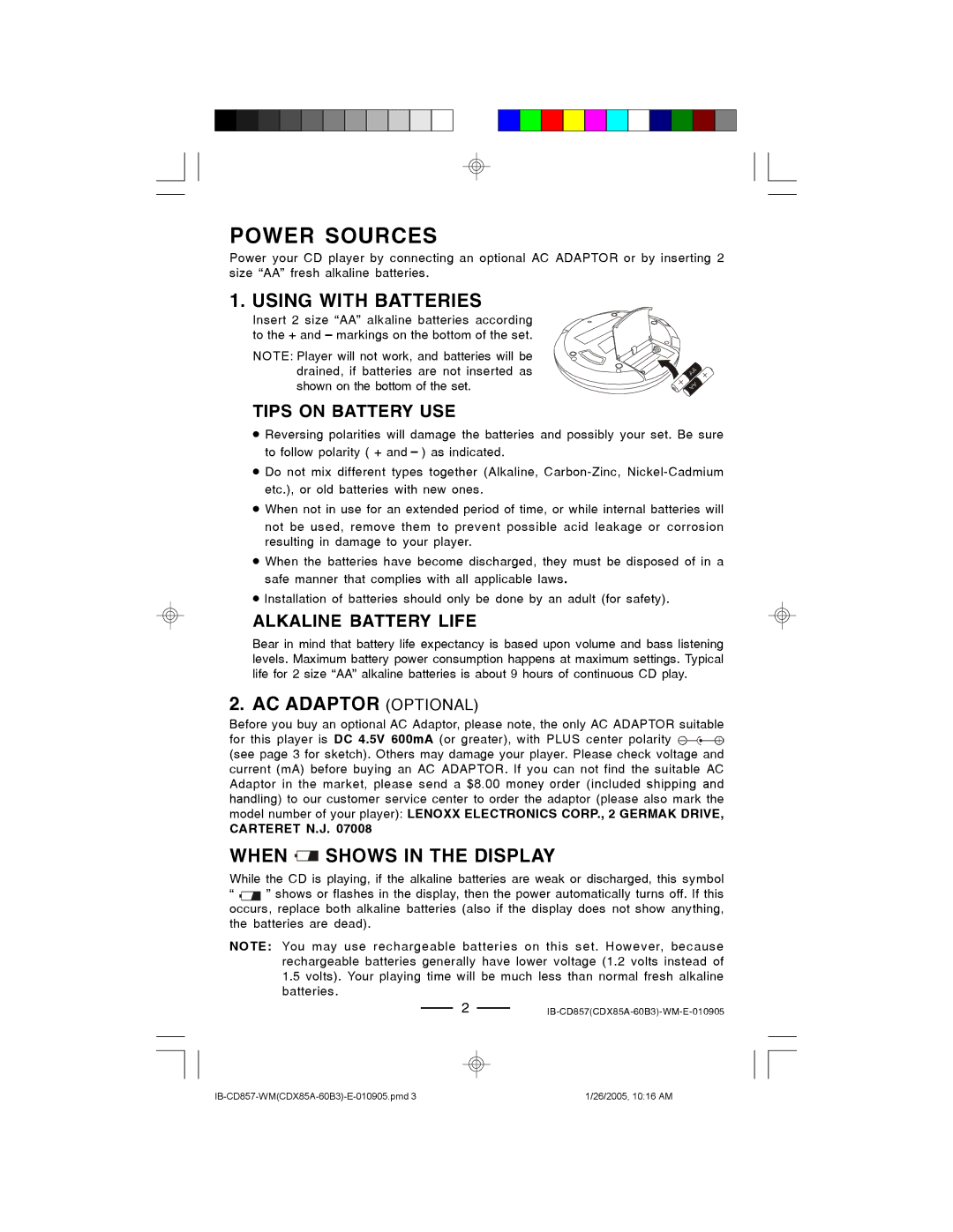 Lenoxx Electronics CD-857 manual Power Sources, Using with Batteries, AC Adaptor Optional, When Shows in the Display 