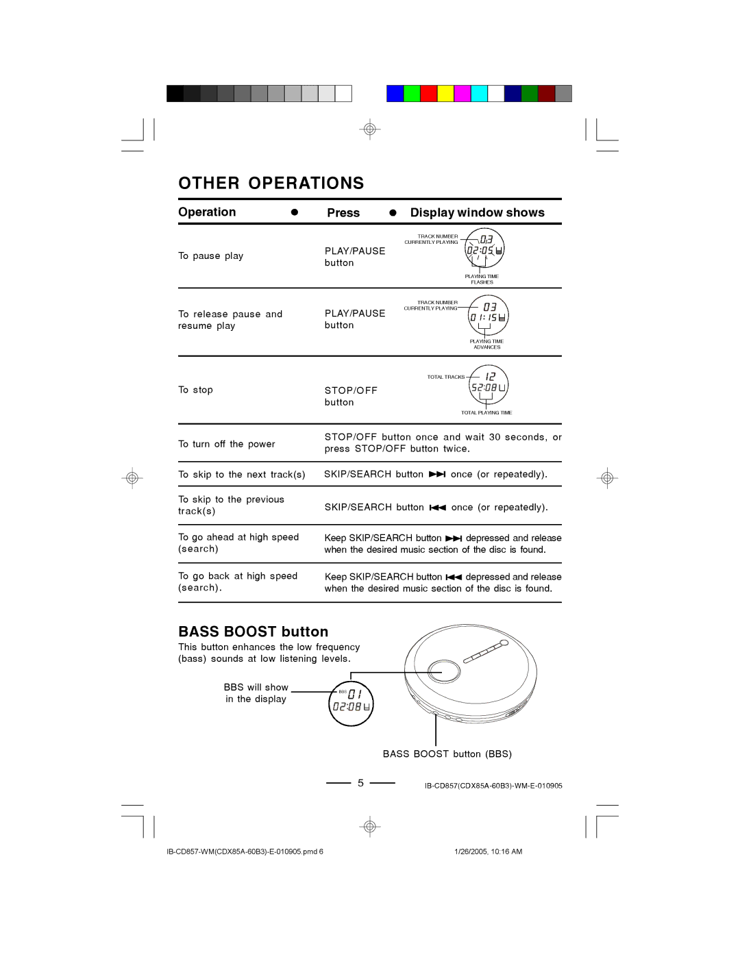 Lenoxx Electronics CD-857 manual Other Operations, Bass Boost button 