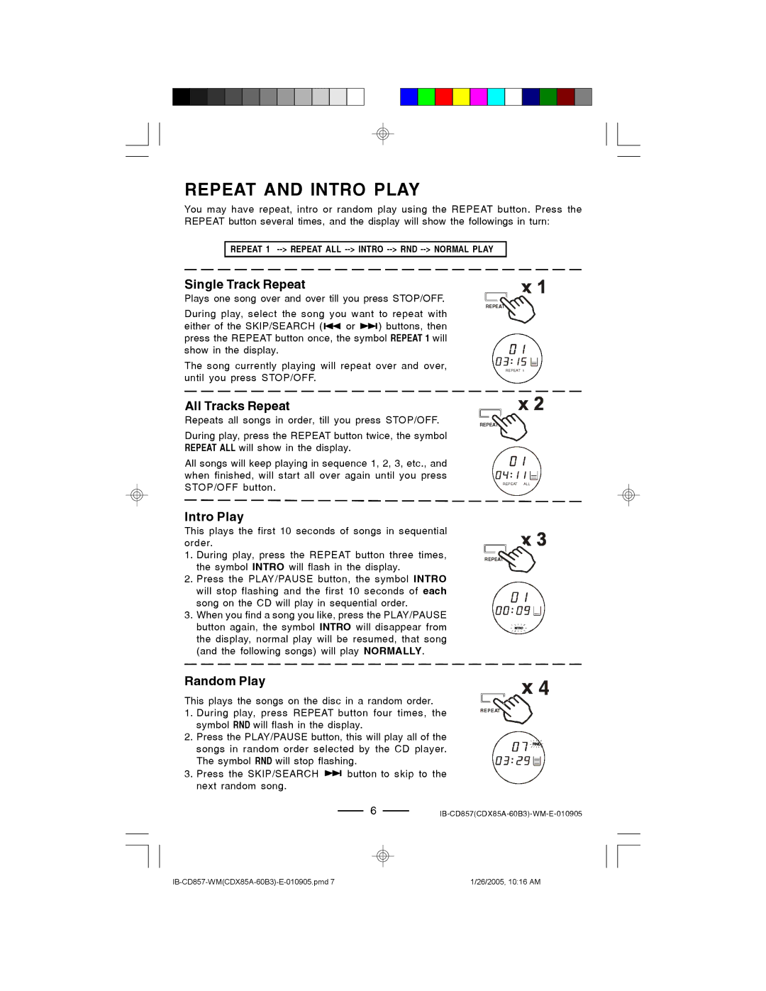 Lenoxx Electronics CD-857 manual Repeat and Intro Play, Single Track Repeat 