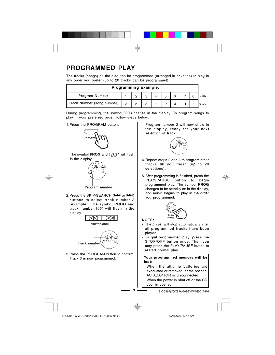 Lenoxx Electronics CD-857 manual Programmed Play, Programming Example 