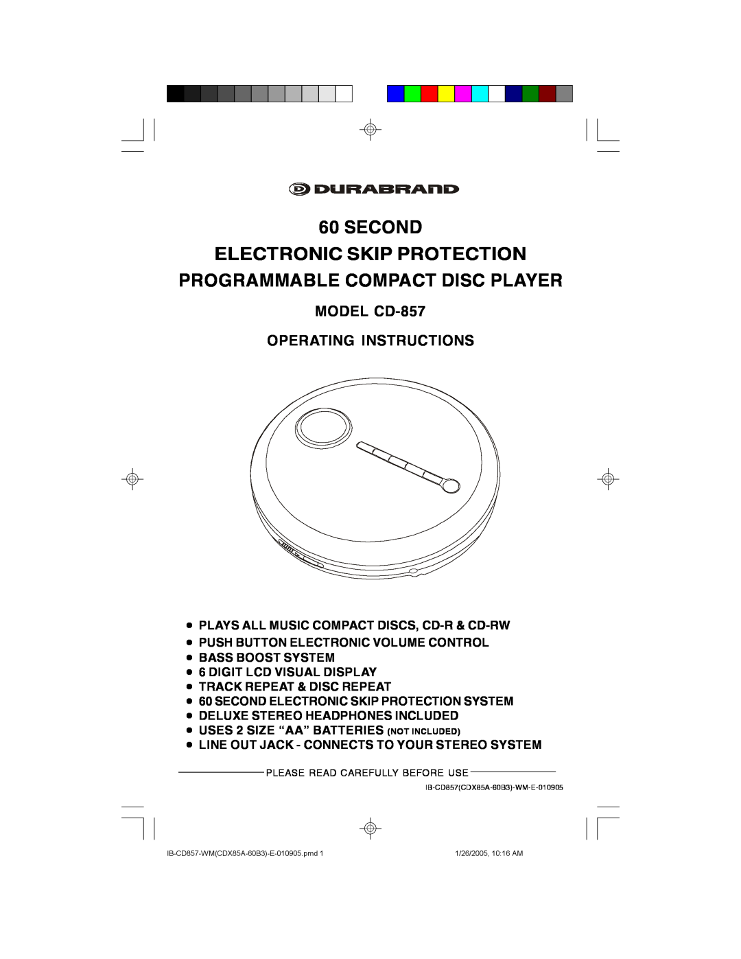 Lenoxx Electronics manual MODEL CD-857 OPERATING INSTRUCTIONS, 60SECOND ELECTRONIC SKIP PROTECTION 