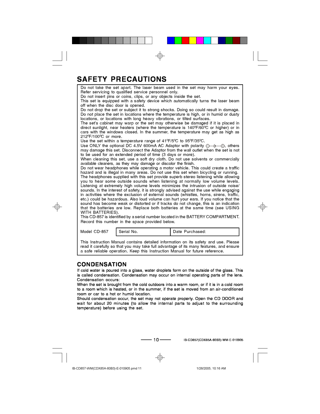Lenoxx Electronics CD-857 manual Safety Precautions, Condensation 