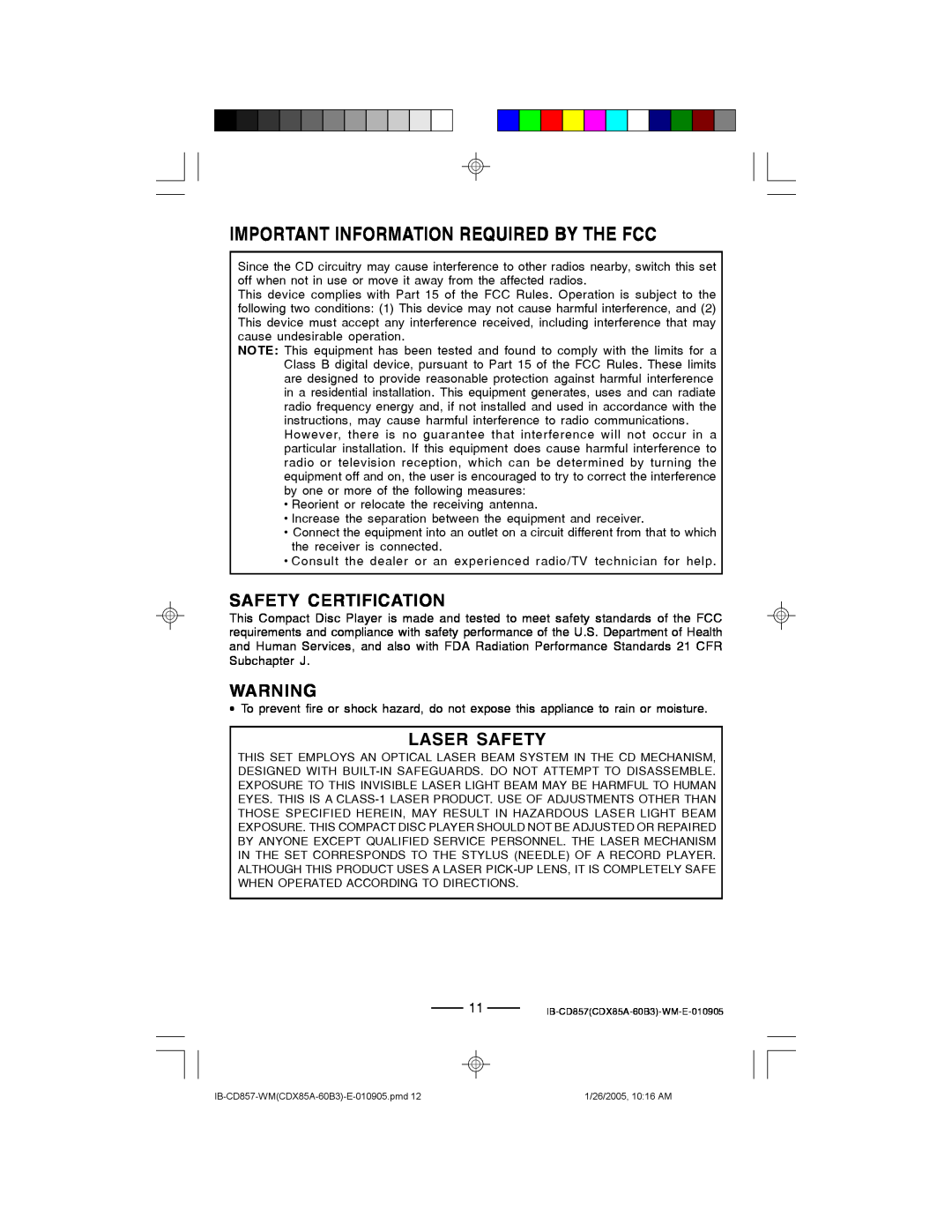 Lenoxx Electronics CD-857 manual Important Information Required By The Fcc, Safety Certification, Laser Safety 