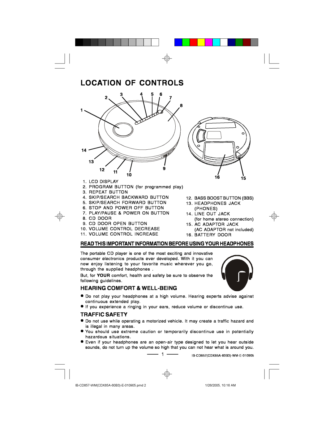 Lenoxx Electronics CD-857 manual Location Of Controls, Hearing Comfort & Well-Being, Traffic Safety, 1615 