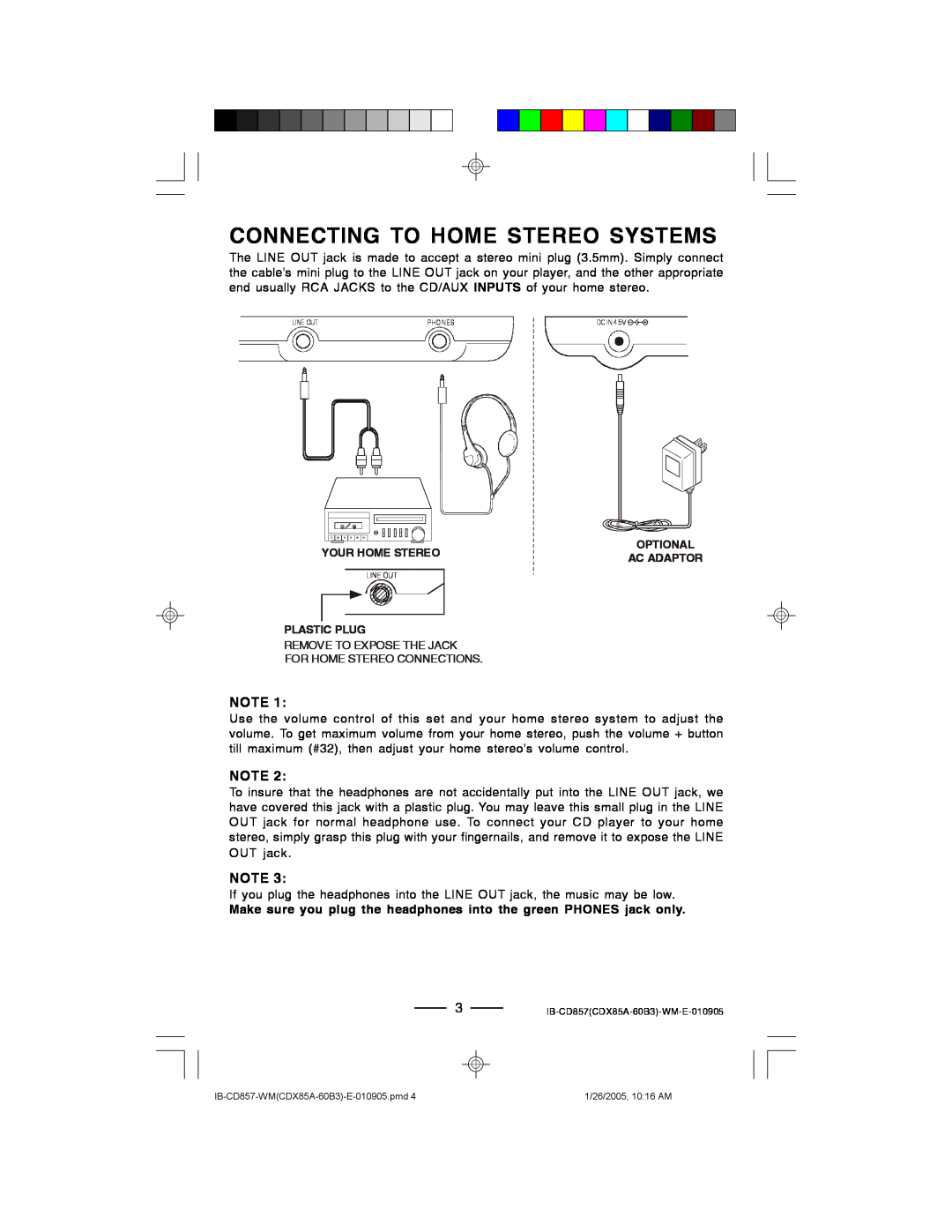 Lenoxx Electronics CD-857 manual Connecting To Home Stereo Systems, Your Home Stereo, Ac Adaptor, Plastic Plug 