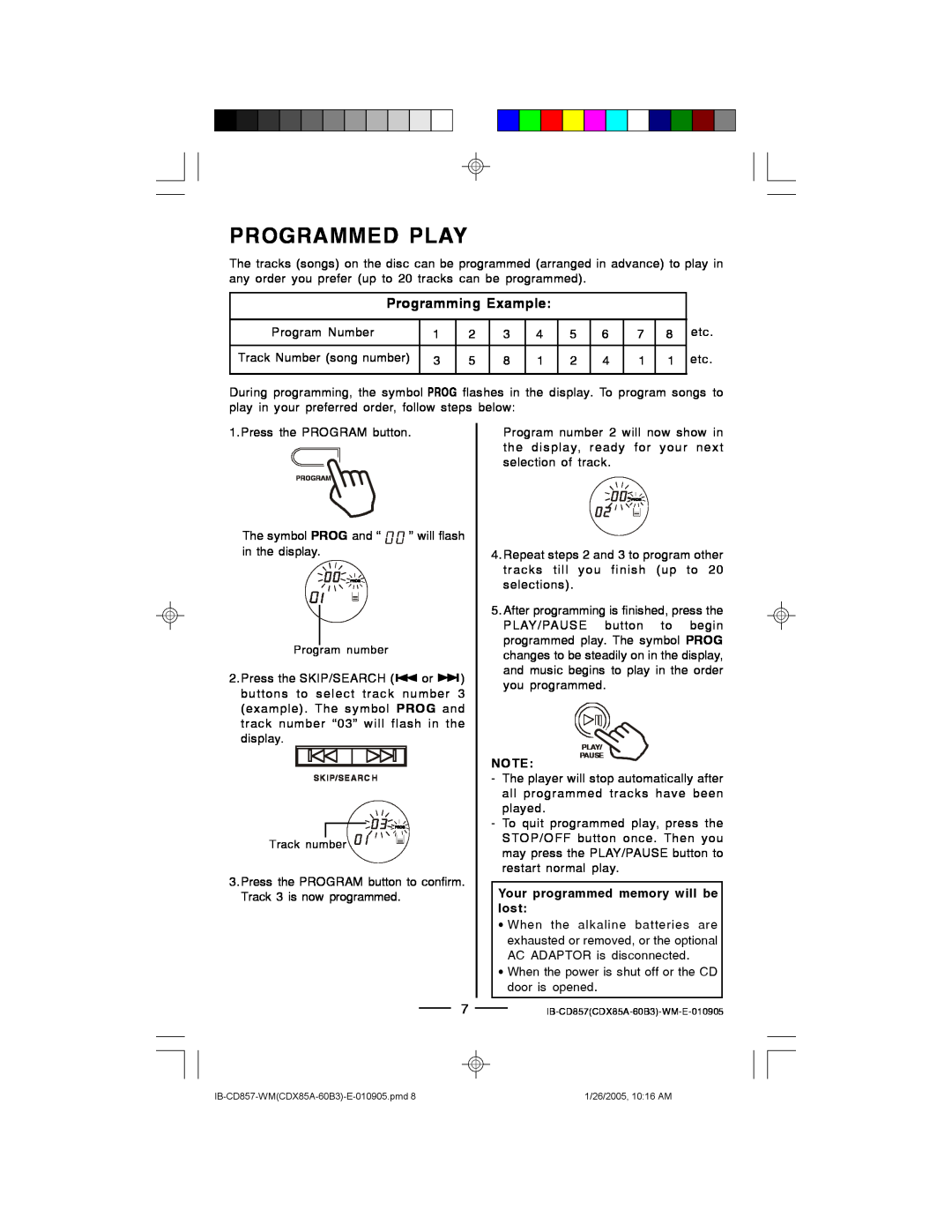Lenoxx Electronics CD-857 manual Programmed Play, Programming Example, Your programmed memory will be lost 
