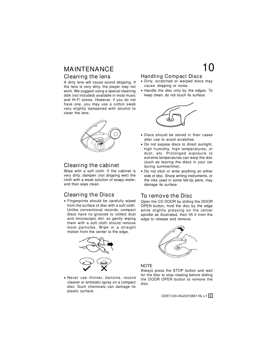 Lenoxx Electronics CD-87 Maintenance, Cleaning the lens, Cleaning the cabinet, Cleaning the Discs, To remove the Disc 