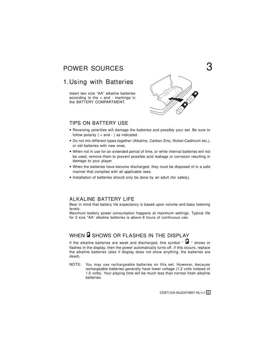 Lenoxx Electronics CD-87 operating instructions Power Sources, Using with Batteries 