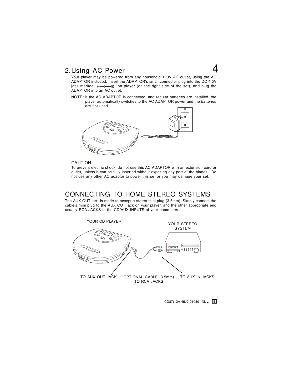 Lenoxx Electronics CD-87 operating instructions Using AC Power, Connecting to Home Stereo Systems 