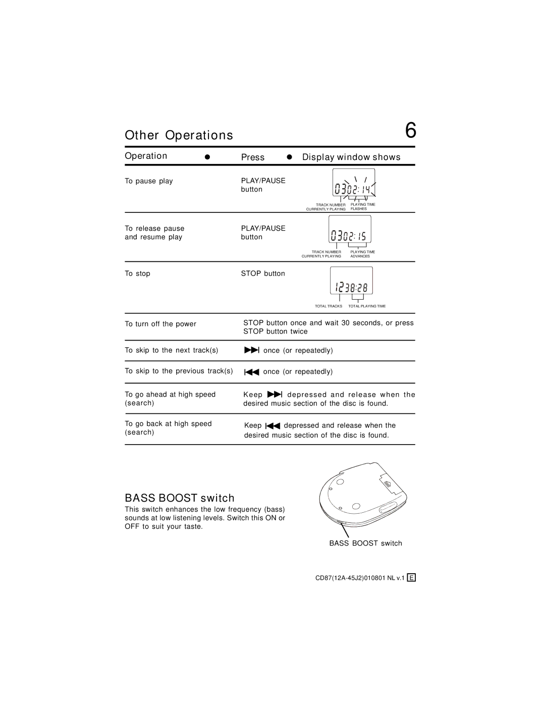 Lenoxx Electronics CD-87 operating instructions Other Operations, Bass Boost switch 