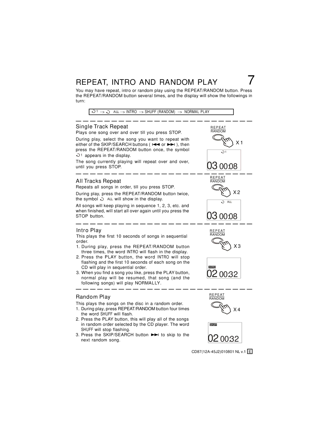 Lenoxx Electronics CD-87 operating instructions REPEAT, Intro and Random Play, Single Track Repeat 